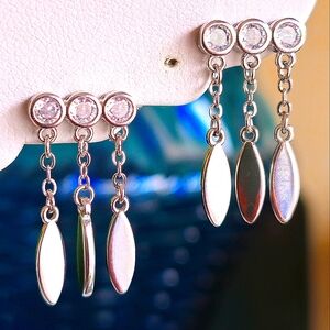 925 STERLING SILVER DIAMOND CRYSTAL ZIRCON CZ DANGLE CHAIN FEATHER STUDS☆NEW